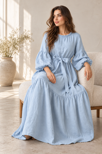Womens Powder Blue Ankle Length <b>Casual</b> Simple Voluminous Sleeves Belted Waist Flowy <b>Long</b> <b>Dress</b> OEM Manufacturer - Product Image 2