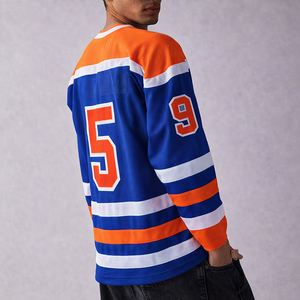 เสื้อฮอกกี้สไตล์เรโทร สีส้มน้ำเงิน สำหรับผู้ชาย ทรงโอเวอร์ไซส์ ผ้าตาข่าย ชุดทีม สามารถสั่งทำชื่อและหมายเลขได้ แขนยาว เสื้ออเมริกันฟุตบอล - Product Image 5
