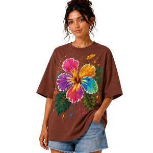 เสื้อยืดโอเวอร์ไซส์สีน้ำตาลช็อกโกแลตสำหรับผู้หญิง พิมพ์ลายดอกชบาสีสันสดใส เสื้อยืดลำลองผ้าฝ้ายสำหรับฤดูร้อน รับผลิตแบบ OEM ODM - Product Image 1