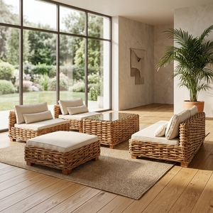 New Modern Minimalist Chunky Woven Rattan Sofa Set Wood Eco-Friendly Outdoor Patio Living Room Furniture Cushioned Lounge Suites - Product Image 2