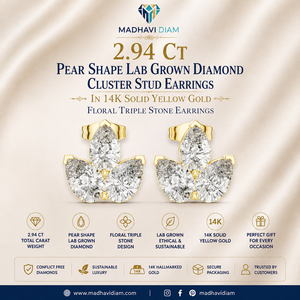 Boucles d'oreilles de luxe en or jaune massif 14 carats avec trois pierres florales en diamant de laboratoire taille poire de 2,94 carats - Product Image 1