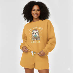 Conjunto de Sudadera y Pantalones Cortos para Mujer, Corte Regular, Manga Larga, Felpa de Algodón, Cálido, Cómodo, Estilo Casual Urbano - Product Image 1