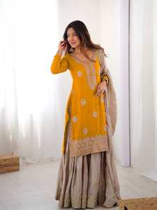 Ensemble prêt-à-porter Sharara Gharara Kurti brodé indien, tissu Georgette, tenue ethnique de créateur pakistanais, ensemble 3 pièces - Product Image 3