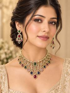 Indian Mores Gold Plated <b>Crystal</b> Rhinestone Moissanite Bridal Jewelry <b>Set</b> Necklace Earrings Engagement Gift Wedding Party Wear - Product Image 3