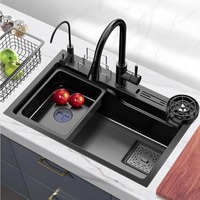 Évier de cuisine multifonctionnel en acier inoxydable avec cascade, poste de travail à cuve unique, robinet extractible et ensemble de rinçage de verres