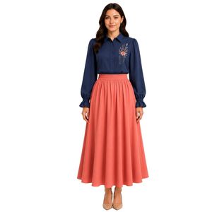 Conjunto de Blusa Bordada y Falda Maxi para Mujer, Color Azul Marino y Coral, Manga Larga, Cierre de Botones, Cintura Alta, Dos Piezas, OEM - Product Image 1