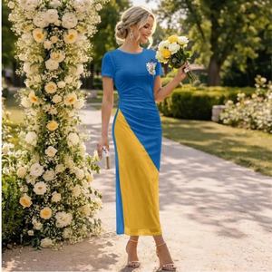 Robe de soirée en maille bleue et or Sigma Gamma Rho, tenue de sororité grecque, robe élégante à superpositions pour événements, mode haut de gamme pour occasions formelles - Product Image 2