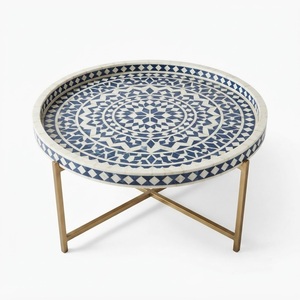 Table basse de luxe artisanale en os incrusté, motif floral bleu et blanc, carrée, pour la décoration de salon - Product Image 6