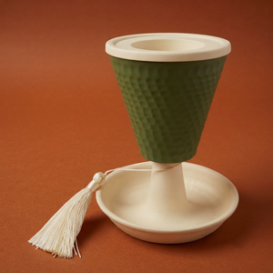 Hammered Theme <b>Green</b> Metal Arabic Incense Burner Featuring A Cream Tray Base, Matching Top Rim, And An Elegant <b>Silk</b> Tassel - Product Image 1
