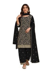 Salwar Kameez Dupatta noir gaufré, style moderne indien pakistanais, pour fêtes et mariages, pour femme, longueur cheville, coupe classique, en faux Georgette - Product Image 3