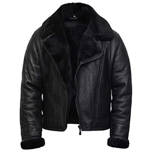 Men's Black Genuine Leather Moto <b>Biker</b> <b>Jacket</b> With Faux Fur Lining Turn-down Collar Zipper Closure Short Length Winter Wear - Product Image 1