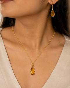 Conjunto de Collar de Acero Inoxidable con Baño de Rodio Personalizado, Colgante de Calcedonia Naranja en Forma de Lágrima, Cadena de Cuerda y Pendientes a Juego para Mujer, Lujo - Product Image 1