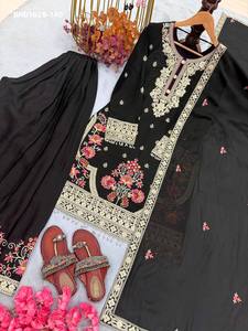 Conjunto de traje y pantalón palazzo de diseño de alta calidad en tela Star Georgette con bordado de lentejuelas de 3 mm y ribete elegante, para mujer. - Product Image 3