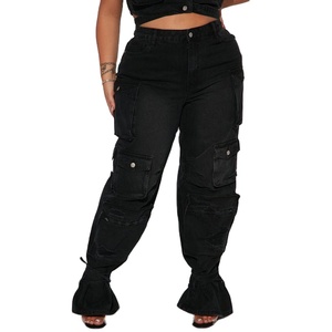 Women's <b>High</b> <b>Waist</b> Black <b>Cargo</b> Pants Loose Fit Full Length Streetwear Style With Multiple Pockets Button Fly Stonewashed Cotton - Product Image 4