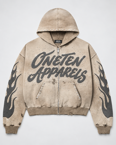 ONETEN APPARELS Sudadera con capucha extragrande para hombre, con cremallera, 100% algodón, diseño de aplique de llama, color beige, estilo urbano de invierno - Product Image 1