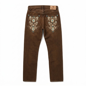 Jeans de Mezclilla de Pierna Recta Dravelle Industry, Color Marrón, Diseño Floral de Cactus Bordado, Estilo Casual de Primavera para Hombre - Product Image 3