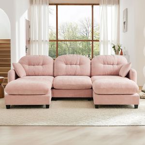 Divano Modulare a U in Tessuto Chenille Premium con Pouf, 2 Cuscini Decorativi, Schiuma ad Alta Densità Trapuntata e Plissettata per Soggiorno - Product Image 3