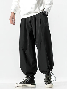 Men's Black Harem <b>Pants</b> Elastic Waist Drawstring Casual Joggers Breathable Side Pockets Midweight Polyester Autumn Style - Product Image 1