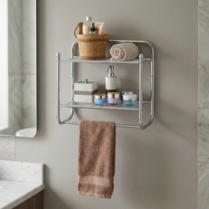 Home Storage Modern Chrome Finish Double Layer Towel Rack Wall Mounted Bathroom Organizer Shelf - Product Image 2