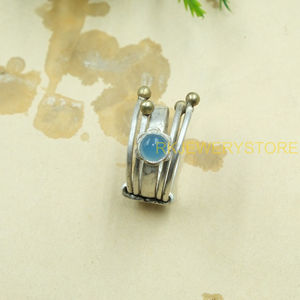Bague en calcédoine bleue, argent sterling 925 et laiton, faite à la main, pierre précieuse en calcédoine naturelle, bijoux bohèmes vintage, cadeau pour elle - Product Image 2