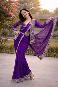 Sari en soie Creep au design exclusif et élégant avec chemisier et koti assortis, style chic, tendance, moderne, pour femme, idéal pour les fêtes. - Product Image 6