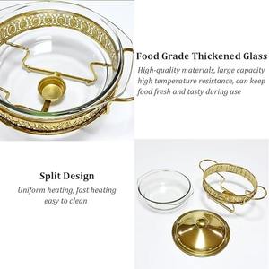 Plat à chafing doré orné avec base en verre, chauffe-plat rond décoratif pour buffets, idéal pour l'accueil de luxe à domicile et les événements royaux - Product Image 6