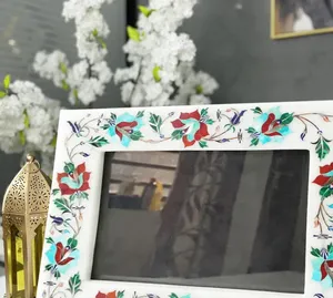 Stone Era Handcrafted <b>White</b> Marble Photo <b>Frame</b> Colorful Floral Inlay Art for Lightweight Decorative Tabletop Home Gift - Product Image 2