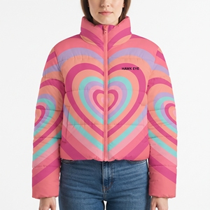Women's Colorful Heart <b>Belted</b> Puffer Coat Hooded Quilted Winter Jacket Custom Sublimation Warmer Padded Outdoor Casual Outerwear - Product Image 5