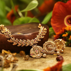 One Gram Gold Temple Necklace Set-Bridal Fine Jewelry with Zircon Stone Gold Plated - Product Image 3