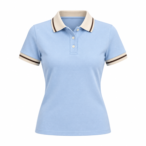 Polo de Manga Corta Azul Claro para Mujer con Ribete Crema, Estilo Preppy, Algodón Piqué, Corte Regular - Product Image 3