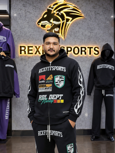 ชุดวอร์มมีฮู้ดซิปเต็มตัวสำหรับผู้ชาย REXFIT SPORTS เสื้อสเวตเชิ้ตพิมพ์ลายโลโก้และกางเกงขายาว ชุดลำลองใส่ได้ทุกวันสำหรับฤดูใบไม้ร่วง ทรงปกติ - Product Image 1