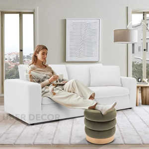Taburete otomano tapizado redondo con abalorio de terciopelo con diseño de capas suaves, muebles de dormitorio personalizables para sala de estar - Product Image 3