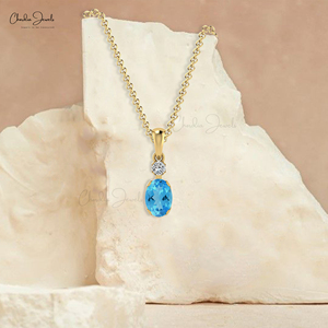 Colgante de Topacio Azul Suizo y Diamantes de 7x5mm en Oro Sólido de 14k, Envío Gratis - Product Image 4