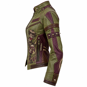 Olive Green Plum <b>Women</b> Leather Jacket Graphic Printed Biker Studded Stand Collar <b>Coat</b> OEM Custom Order Wholesale Manufacturer - Product Image 4