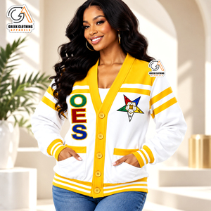 OES |   Suéter de mujer con cuello en V griego, cárdigan con letras, talla grande, suéter de punto con botones, blanco, amarillo, algodón - Product Image 1