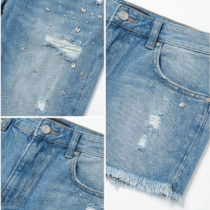 Pantalones Cortos Vaqueros de Mezclilla Vintage de Alta Calidad para Hombre, Cintura Media, con Logotipo de Diamantes de Imitación Personalizado, Lavado Ácido, Efecto Desgastado por el Sol, Cinturón Tejido Informal, Verano - Product Image 3