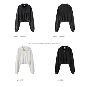 BE385HZ mode col rabattu demi fermeture éclair Vintage 385GSM haut court femmes blanc surdimensionné personnalisé recadrée fermeture éclair Premium à capuche - Product Image 5