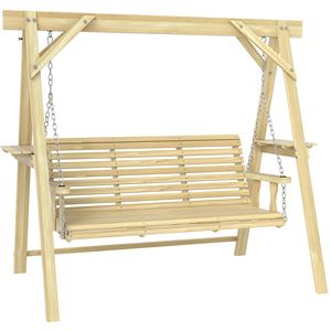 Balançoire de véranda en bois 3 places avec support, balançoire de patio en bois naturel avec tables latérales pour jardin, bord de piscine ou cour arrière - Product Image 1