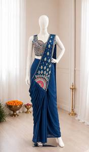 Conjunto de Saree de Satén Azul Bordado para Mujer, Estilo Indio Moderno para Bodas, Fiestas, Diwali, Blusa sin Mangas, Dupatta, Corte en A - Product Image 4