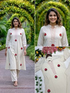 Ensemble haut et pantalon ethnique pour femme PLAZZO Kurta, VISHNU K DESIGNS, en coton, broderie au fil, tenue de soirée formelle, séchage rapide, toutes saisons - Product Image 5