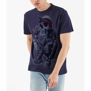 Men's <b>Navy</b> Blue Skull Print Short Sleeve T-Shirt O-Neck Casual Jersey Cotton Eco-Friendly Plus Size Streetwear Front Pattern - Product Image 1
