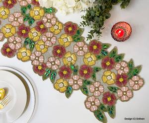 Handmade Bohemian Floral Fabric Table <b>Runner</b> Irregular Shape Pink Yellow Red <b>Green</b> Embroidered Design Mats Pads - Product Image 1