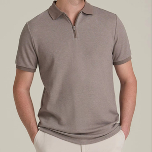Polo d'été pour homme en coton 100% de luxe, coupe ajustée, côtelé, avec quart de zip, brodé, en maille foncée, à manches courtes - Product Image 1