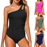 Tren Terbaru Baju Renang Wanita Seksi Satu Bahu Motif Cetak, Bahan Nilon, Model One Piece, Ukuran Besar, Kontrol Perut, Anti-UV