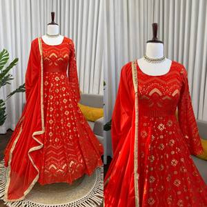Conjunto de Vestido Anarkali Naranja Bordado, Vestido de Fiesta de Boda Largo hasta el Tobillo en Faux Georgette para Mujer - Product Image 6
