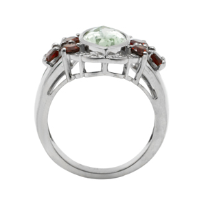 Bague en argent 925 de qualité supérieure avec finition rhodiée, pierre centrale en forme de feuille verte et accents latéraux en pierre rouge - Product Image 2