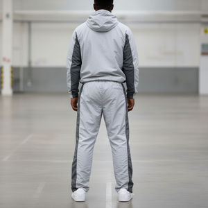Men's Gray White Tracksuit Full Zip Hooded Sporty Jacket Pants <b>Set</b> Breathable Polyester Spring Wear Regular Fit - Product Image 2