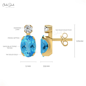 Pendientes de Oro Sólido de 14K con Topacio Azul Suizo Natural y Diamantes, Corte Ovalado 7x5mm, Cierre a Presión, Regalo de Piedra de Nacimiento de Diciembre para Mujer - Product Image 4
