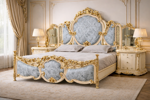 Lit Maharaja au look majestueux, finition antique, meubles de chambre à coucher royaux en teck massif sculpté à la main, fabrication américaine, pour le marché britannique. - Product Image 6