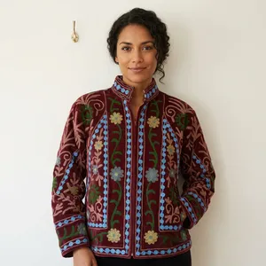 Floral Embroidered Sequin Quilted Knitted Eco-friendly Natural Dyes Cotton Jacket Double Breasted <b>Zipper</b> Closure Stand Women's - Product Image 3